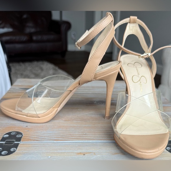 Jessica Simpson SIZE 7 Clear Nude Open Toe Strappy See-Through Heels 4 Inch - Picture 5 of 9